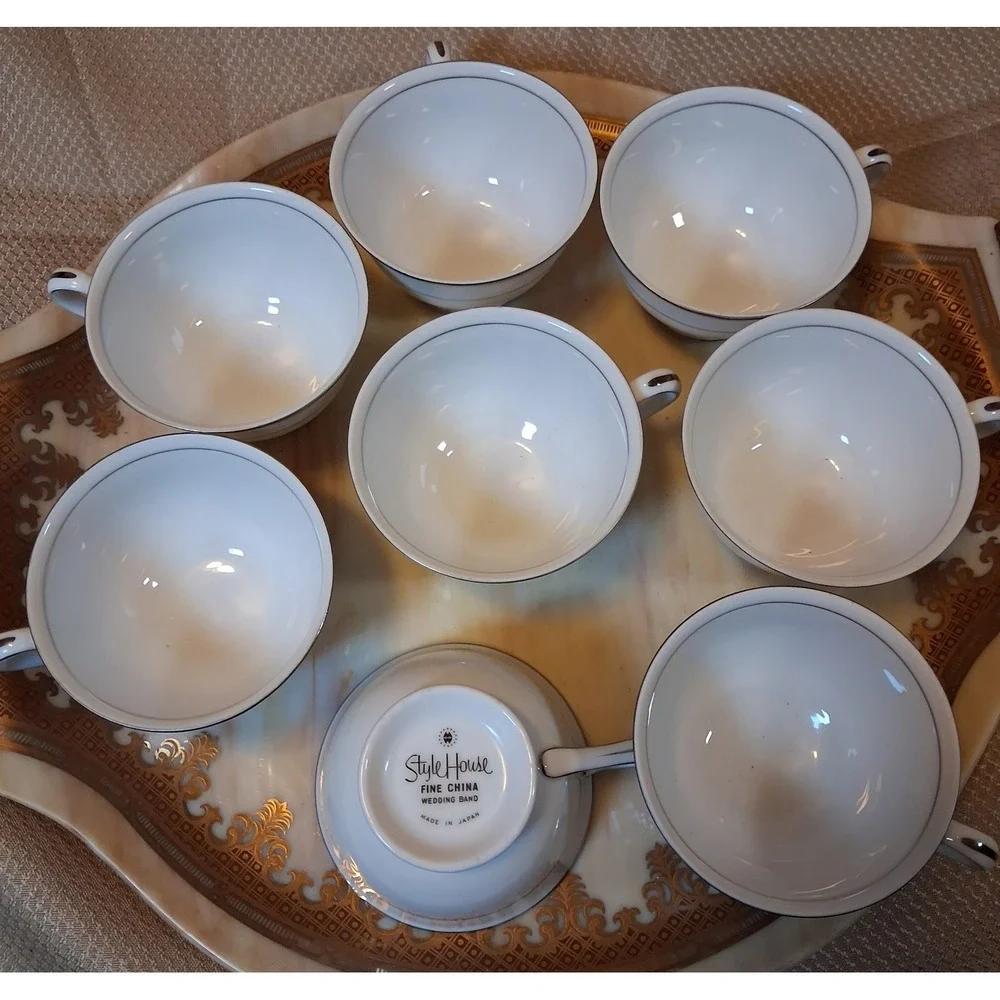 Style House Fine China Wedding Band Tea Cups Set of 8 Platinum Trim Japan White